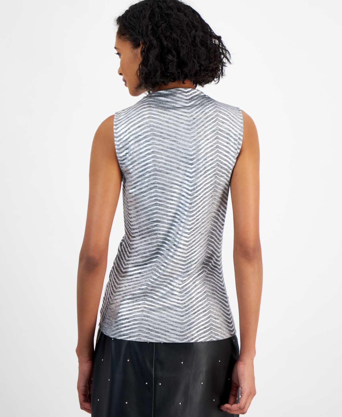 Bar Iii Women's Sleeveless Foil-Print Blouse, Created for Macy's -Silver