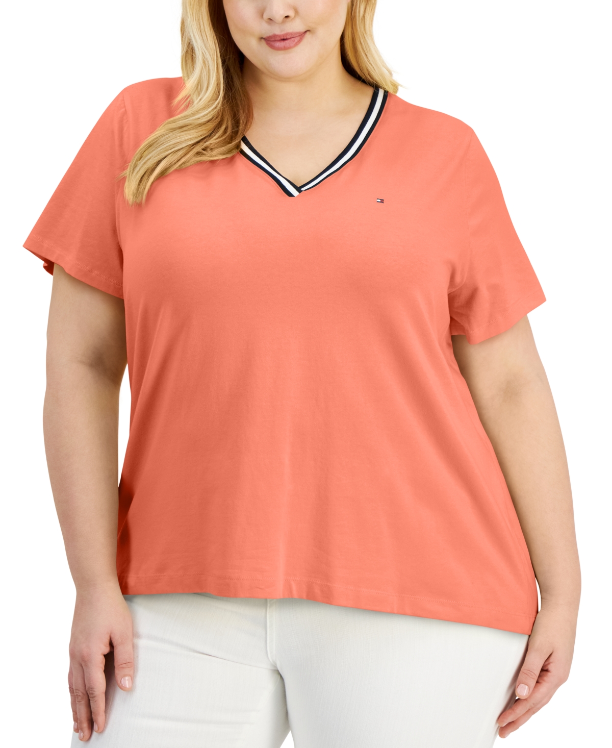 TOMMY HILFIGER PLUS SIZE CONTRAST TRIM V-NECK TOP 