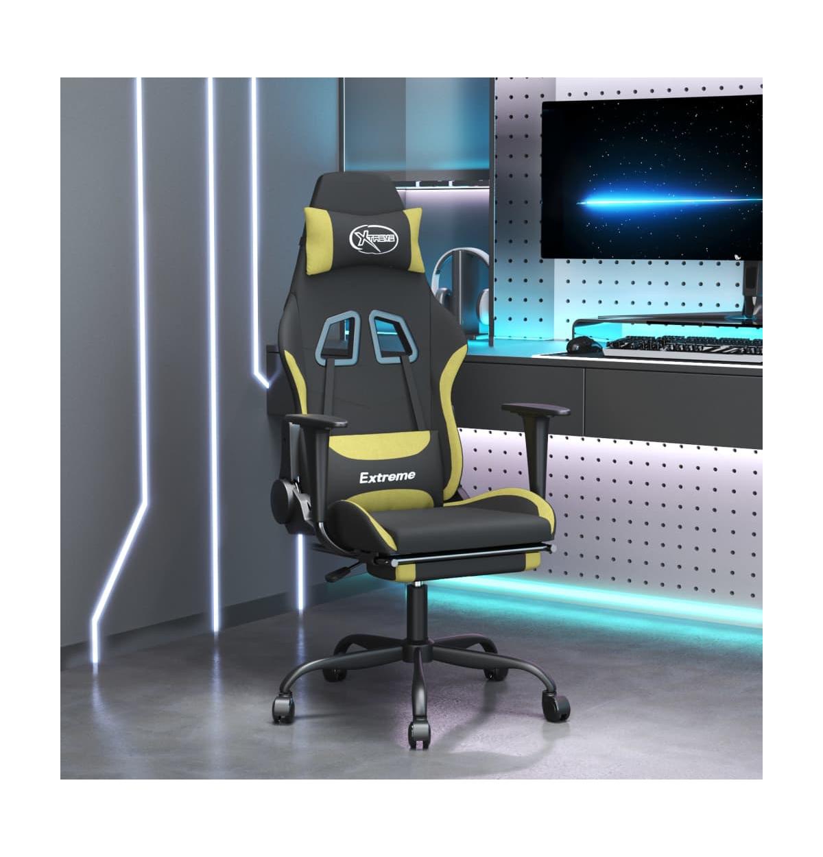 vidaXL Gaming Chair with Footrest Black and Light Green Fabric