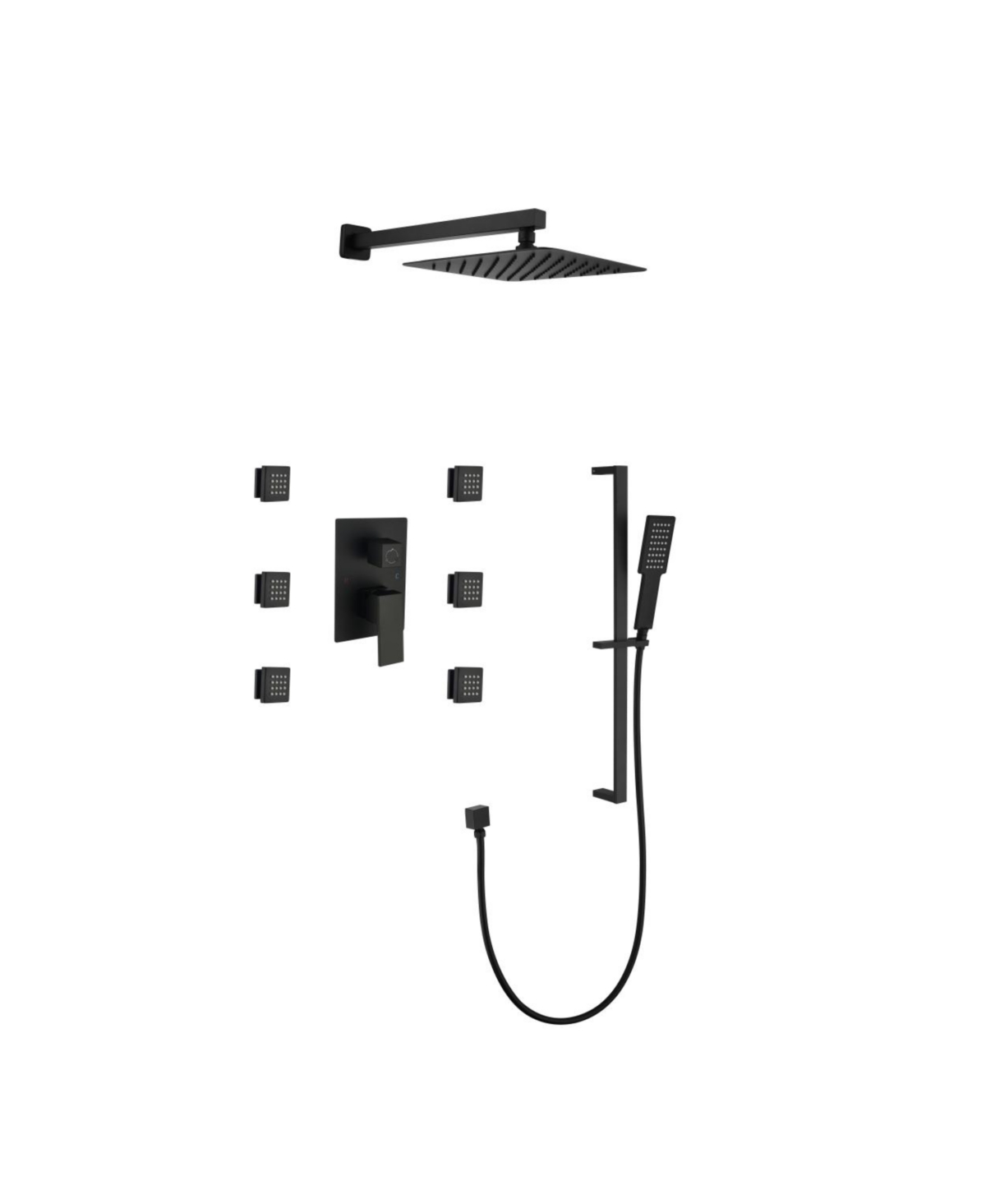 Wall Mounted Waterfall Rain Shower System With 3 Body Sprays & Handheld Shower - Black