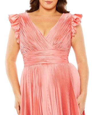 Plus Size Flutter Sleeve Pleated V-Neck Gown