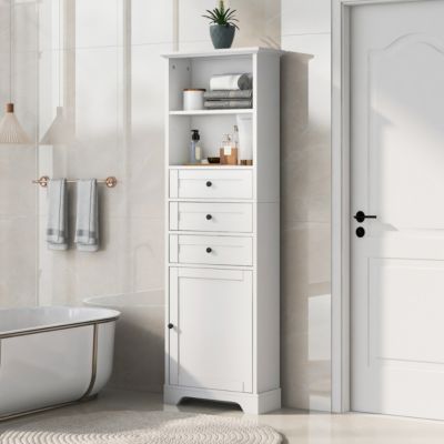 Streamdale White Tall Storage Cabinet with 3 Drawers and Adjustable Shelves