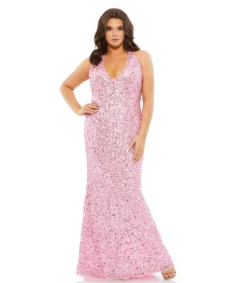 Mac Duggal Women's Plus Size Sequined Halter Strap Open Back Trumpet
