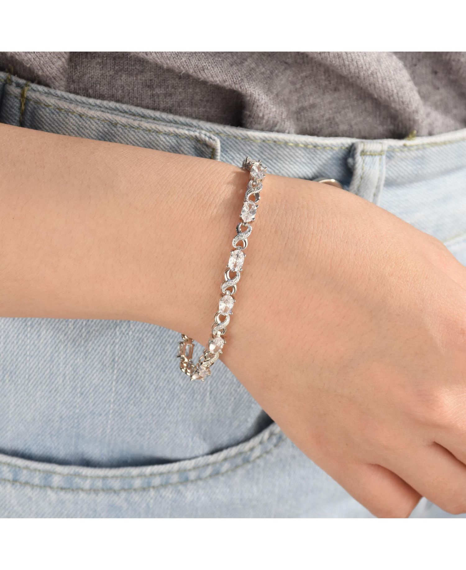 Birthstone Dark Pink Color CZ Oval Infinity Tennis Bracelet Silver Plated