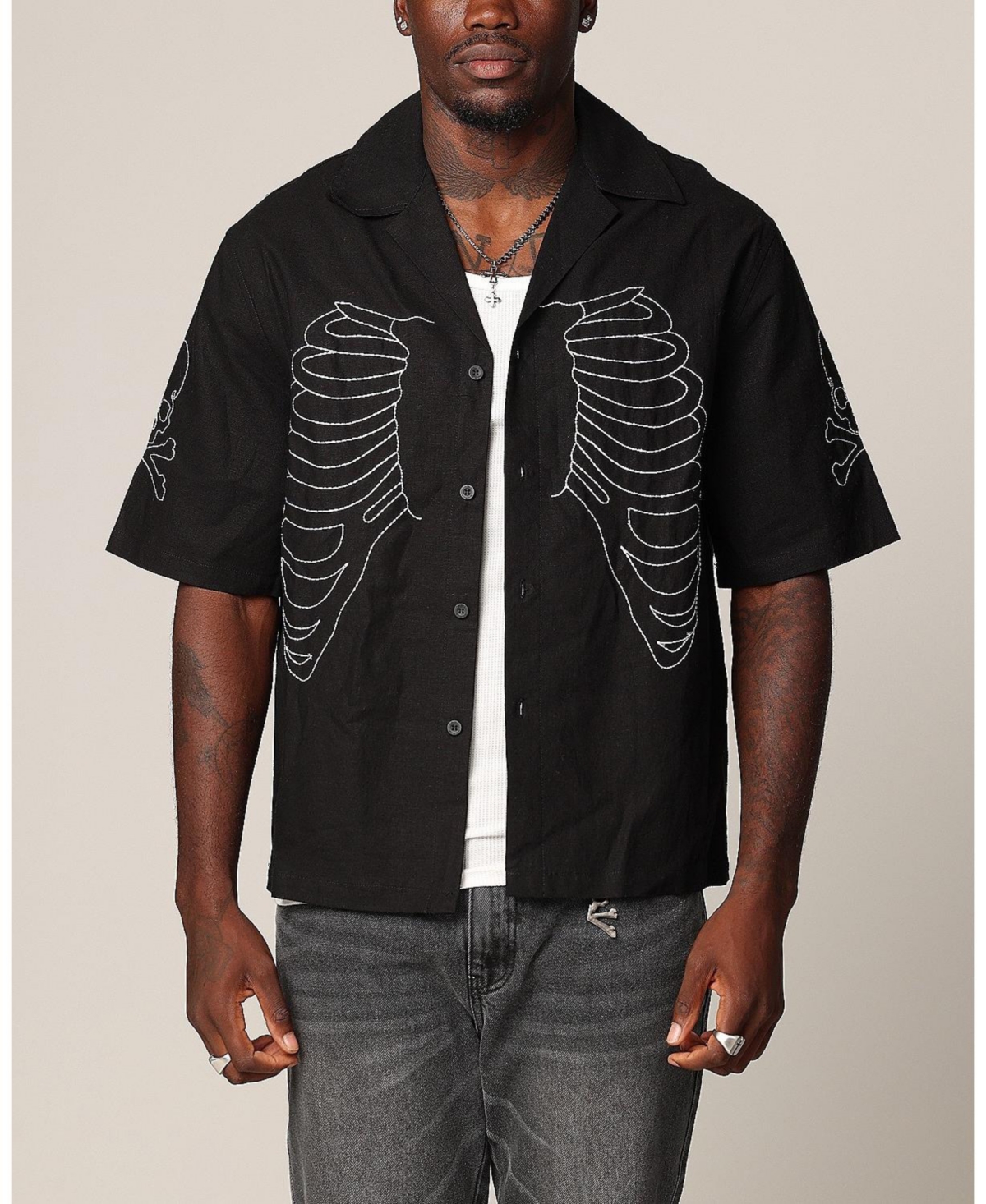 Men's Lovely Bones Short Sleeve Linen Shirt - Black
