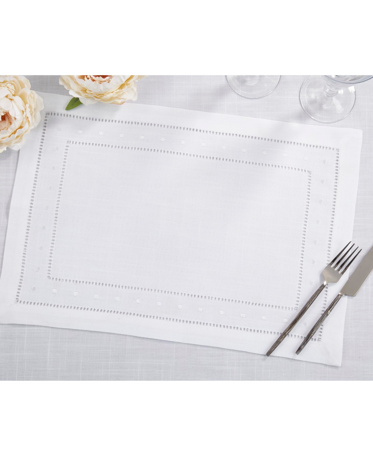 Saro Lifestyle Classic Hemstitch With Embroidered Border Placemat Set Of 12, 14"x20" In White