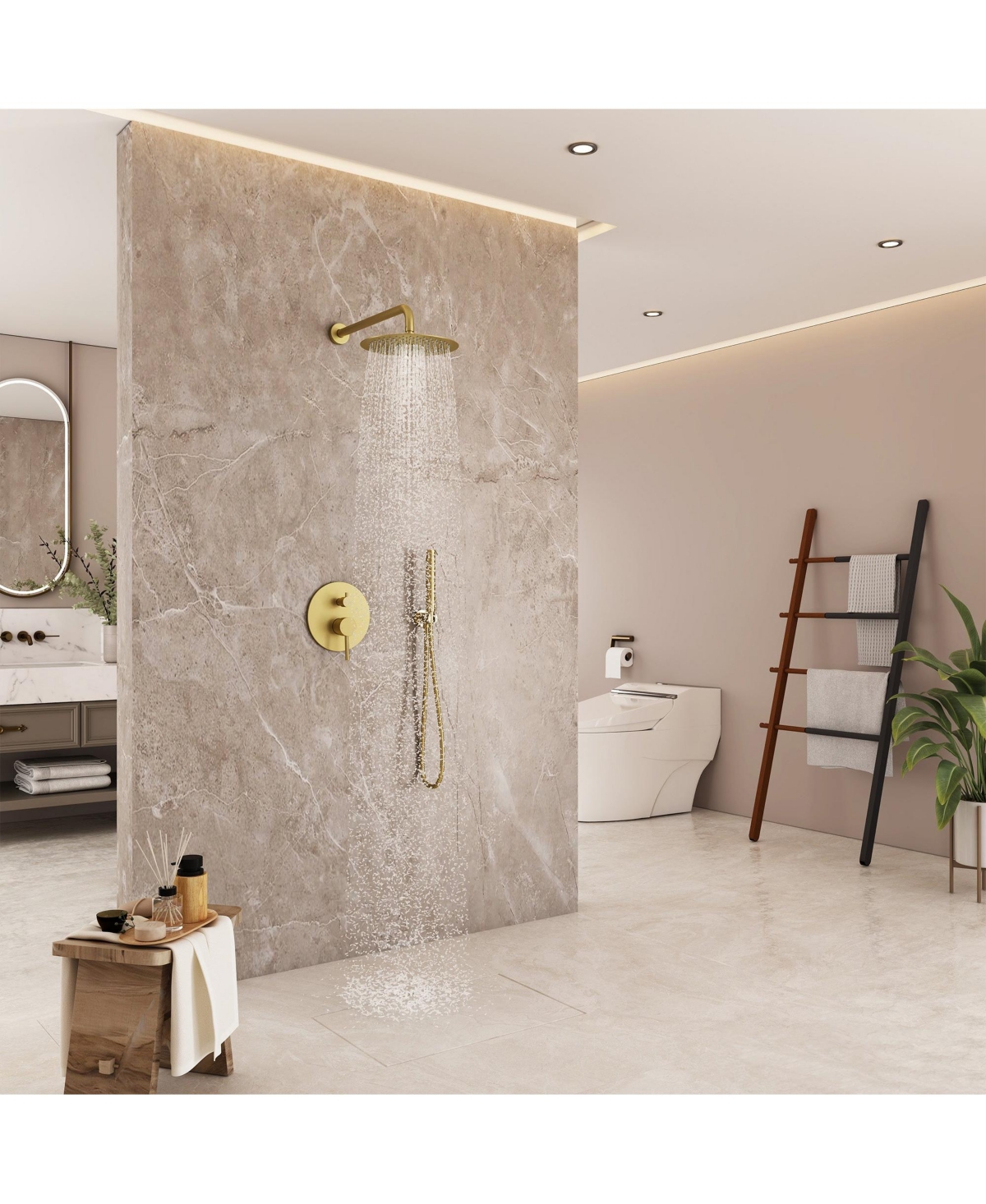 Mondawe High Pressure Wall Mounteded Pressure-Balanced 3 Functions Shower System with Massage Spray and Rough-in Valve - Brushed gold