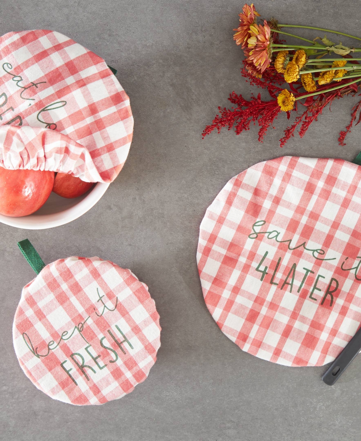 Design Imports Cloth Bowl Cover Collection Machine Washable, Cotton With Elastic Stretch For Food Storage, 10.25"/8 In Plaid Coral