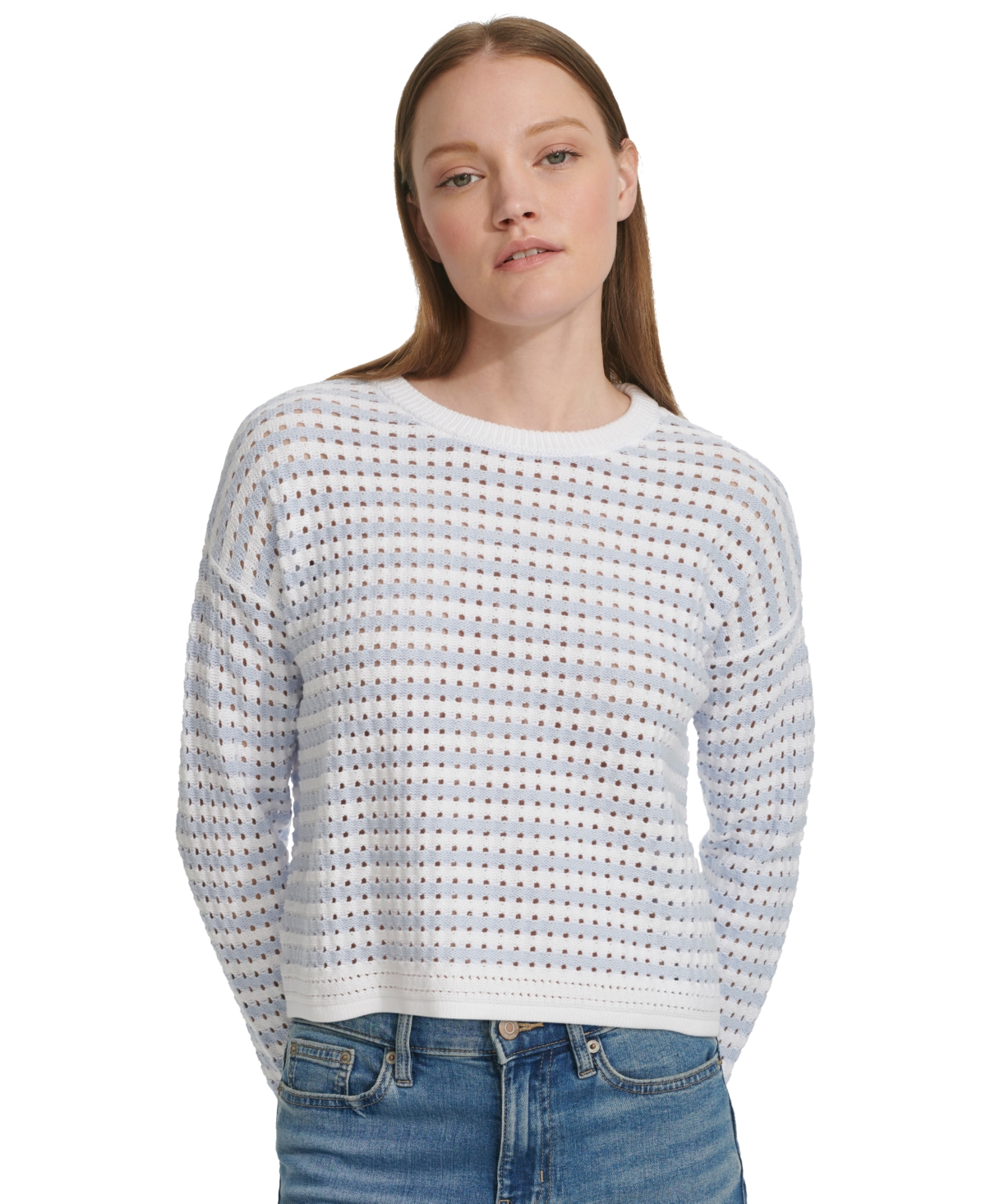 Petite Cotton Striped Pointelle Sweater - White Waterfall