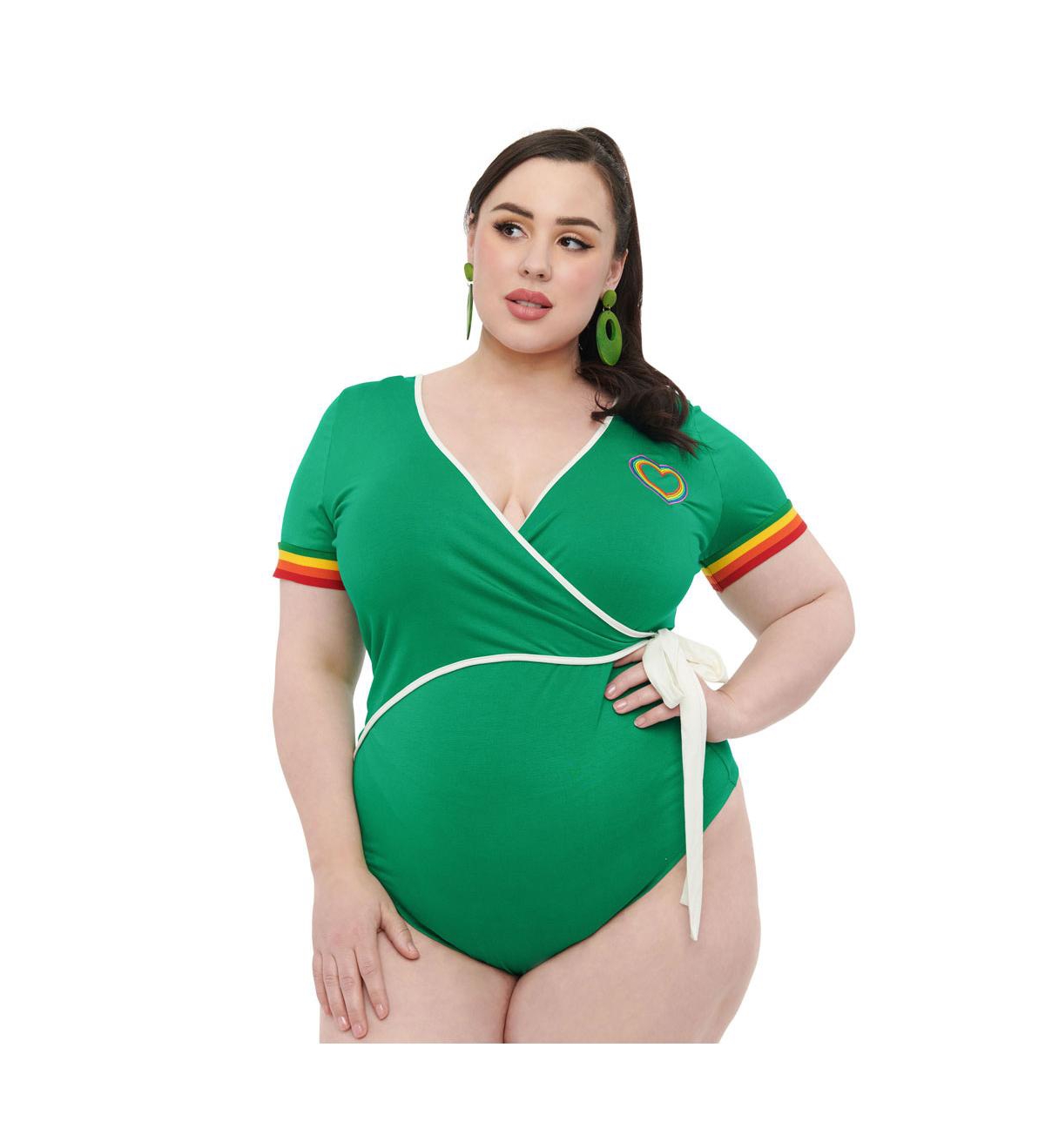 Plus Size 1970s Short Sleeve Surplice Bodysuit - Green  rainbow