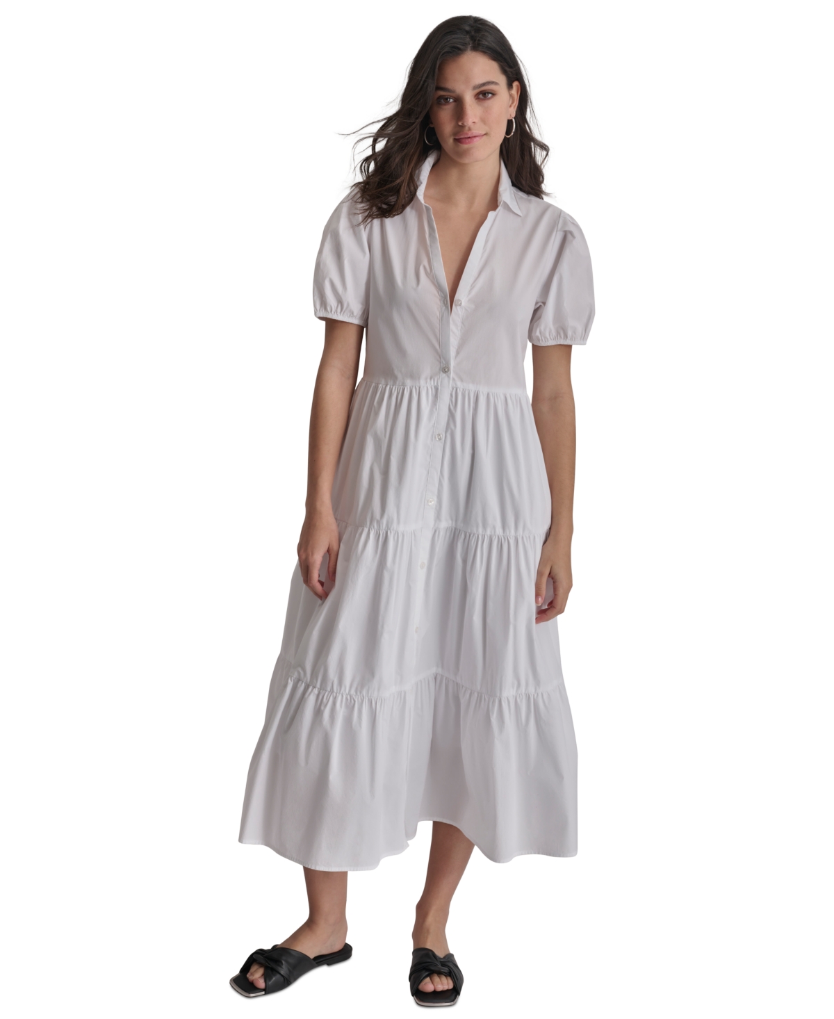 DKNY JEANS DKNY WOMEN'S PUFFED-SLEEVE TIERED SHIRTDRESS 