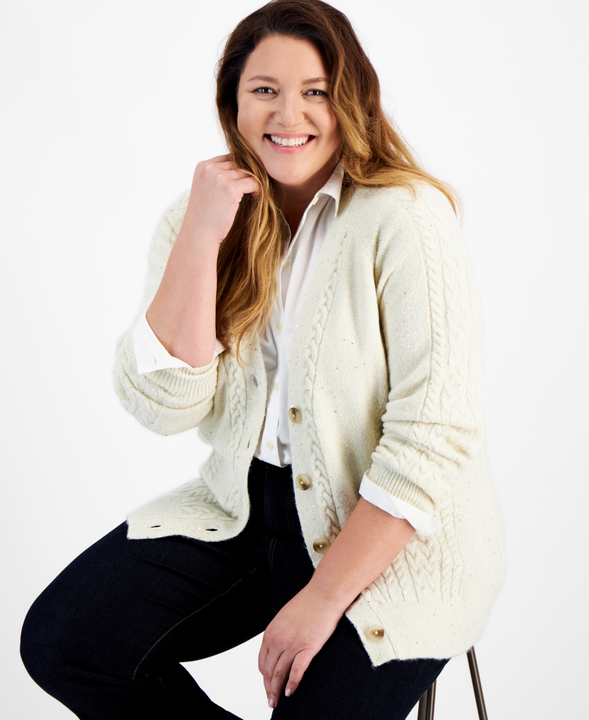 Style & Co Plus Size Shimmer Sequin Cable-knit Cardigan, Created For Macy's In Earl Natural
