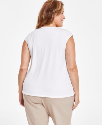 Kasper Plus Size Solid Ruffled-Front V-Neck Cap-Sleeve Top