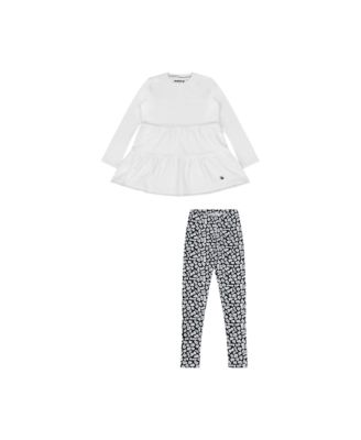 Little Girls Ruffle Hem Tiered Tunic and Legging Set - White/Black/Hello