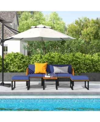 6 Piece Patio Acacia Wood Conversation Sofa Set with Ottomans and Coffee Table-Navy