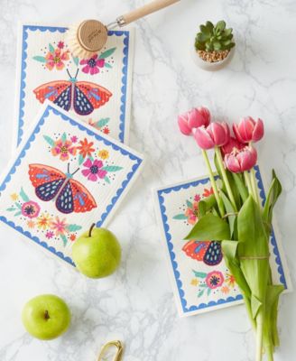 Swedish Dishcloths for Kitchen Cleaning, Machine Washable Dishwasher Safe, 7.75 x 6.75", Butterfly Folk, 3 Piece