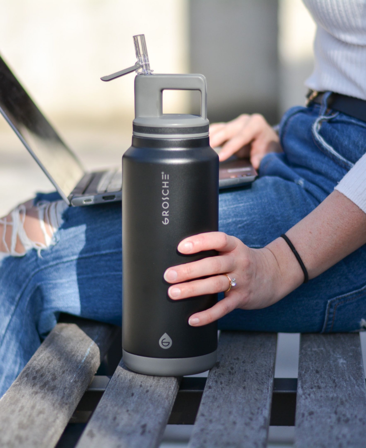 Grosche Alpine Flip 'n Sip Insulated, Leakproof Water Bottle With Straw, 40 oz In Black