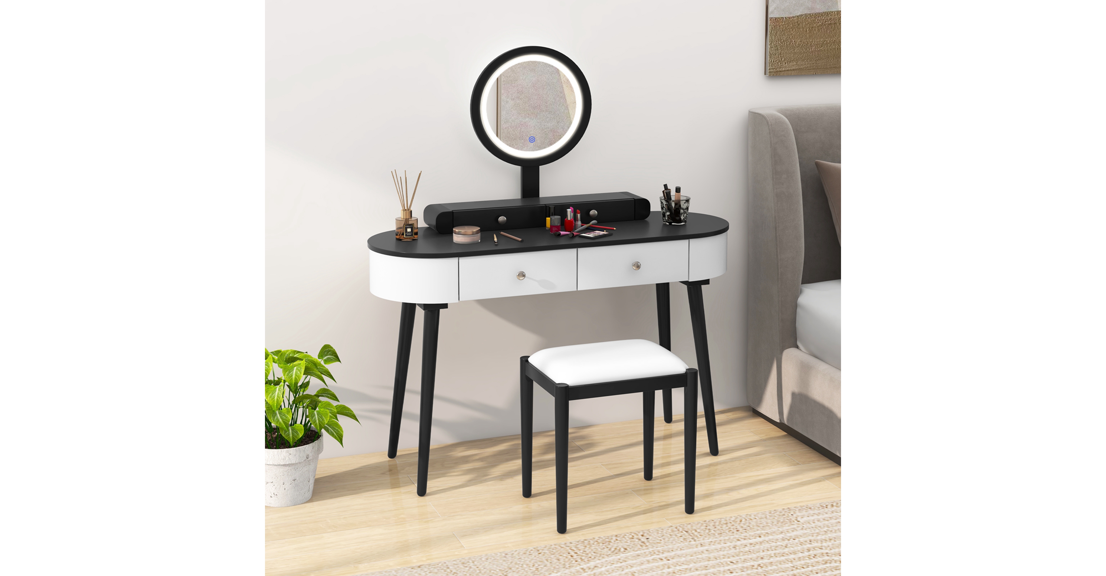 Solid Wood Makeup Vanity Desk Set with Led Lighted Mirror Drawers Cushioned Stool