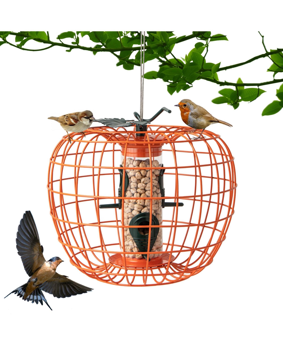 Squirrel-Proof Pumpkin Bird Feeder with Cage 4 Metal Ports 4 Perches Drainage Hole - Orange
