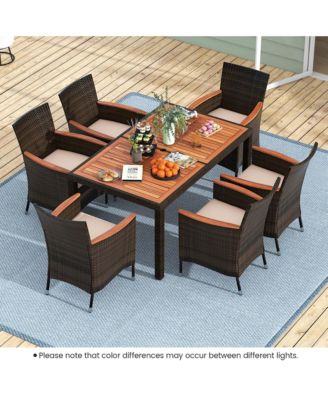 7 Pieces Outdoor Wicker Dining Set with Acacia Wood Table and 6 Stackable Chairs