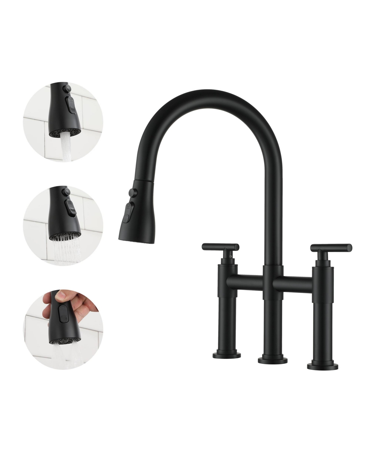 Mondawe 3 Way Spray Function Bridge Kitchen Faucet with Pull Down Sprayer Widespread 360 Swivel Spout