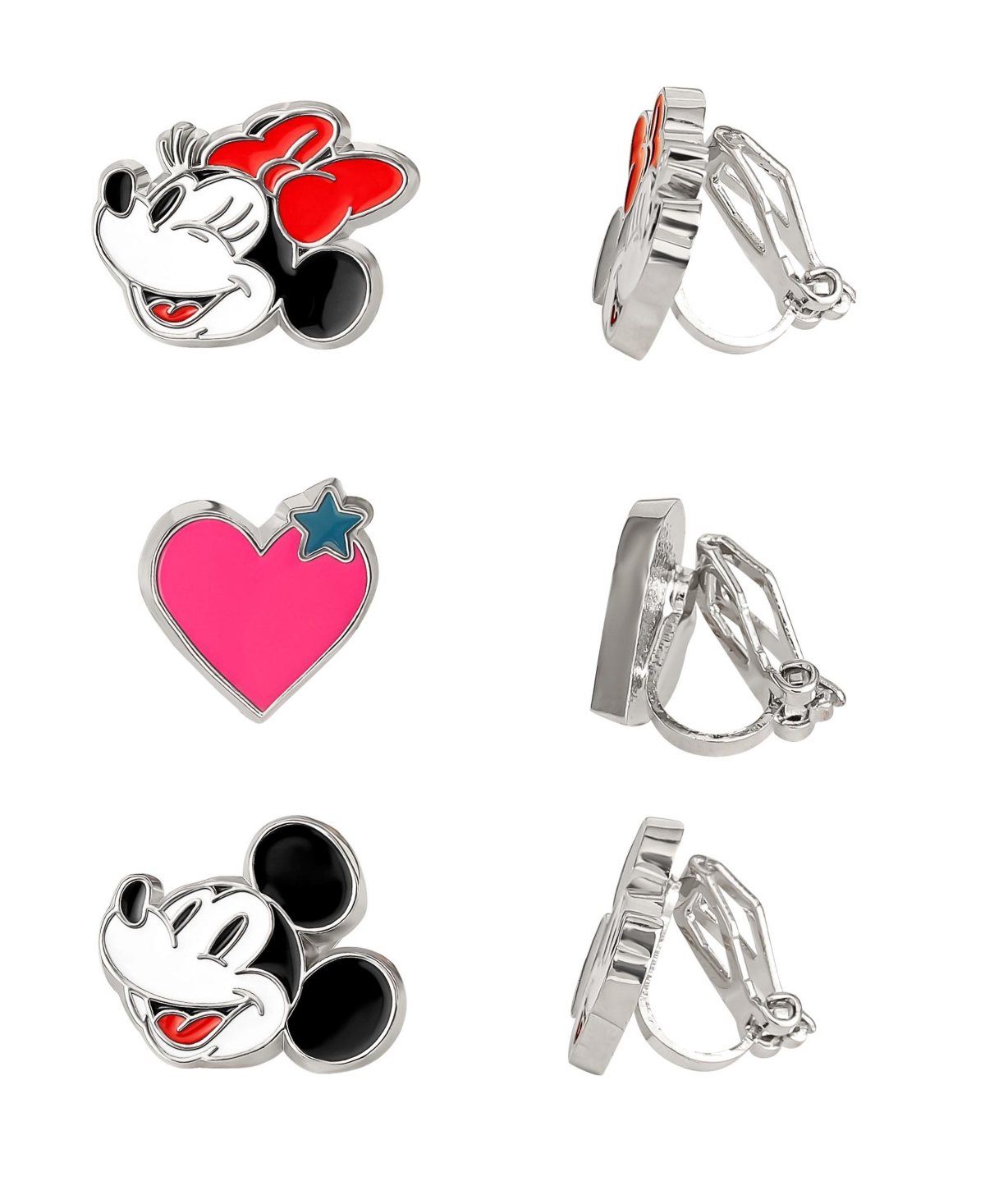 Mickey and Minnie Mouse Fashion Clip On Earrings - Set of 3 - Silver tone, pink, white