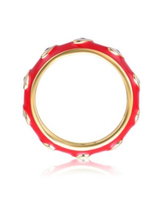 Kids/Teens 14k Yellow Gold Plated Red Bamboo White Evil Eye Enamel Slim Stacking Band Ring