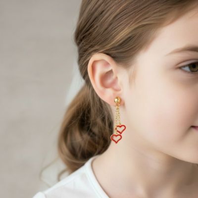 14K Gold Plated Double Heart Halo Dangle Chain Drop Earrings for Kids