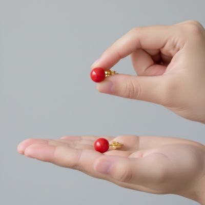 14K Gold Plated Stud Earrings with Red Enamel Round Pearl for Kids