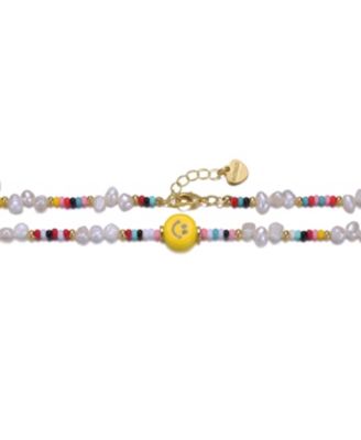 14k Yellow Gold Plated Multi Color Beads Necklace with Freshwater Pearls and a Smiley Charm for Kids