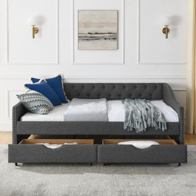  Upholstered Tufted Daybed with Drawers and Copper Nail Detail