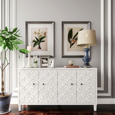 White Wash 4-Door Wooden Accent Cabinet