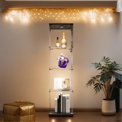  Black Glass Display Cabinet with 4 Lighted Shelves and Door