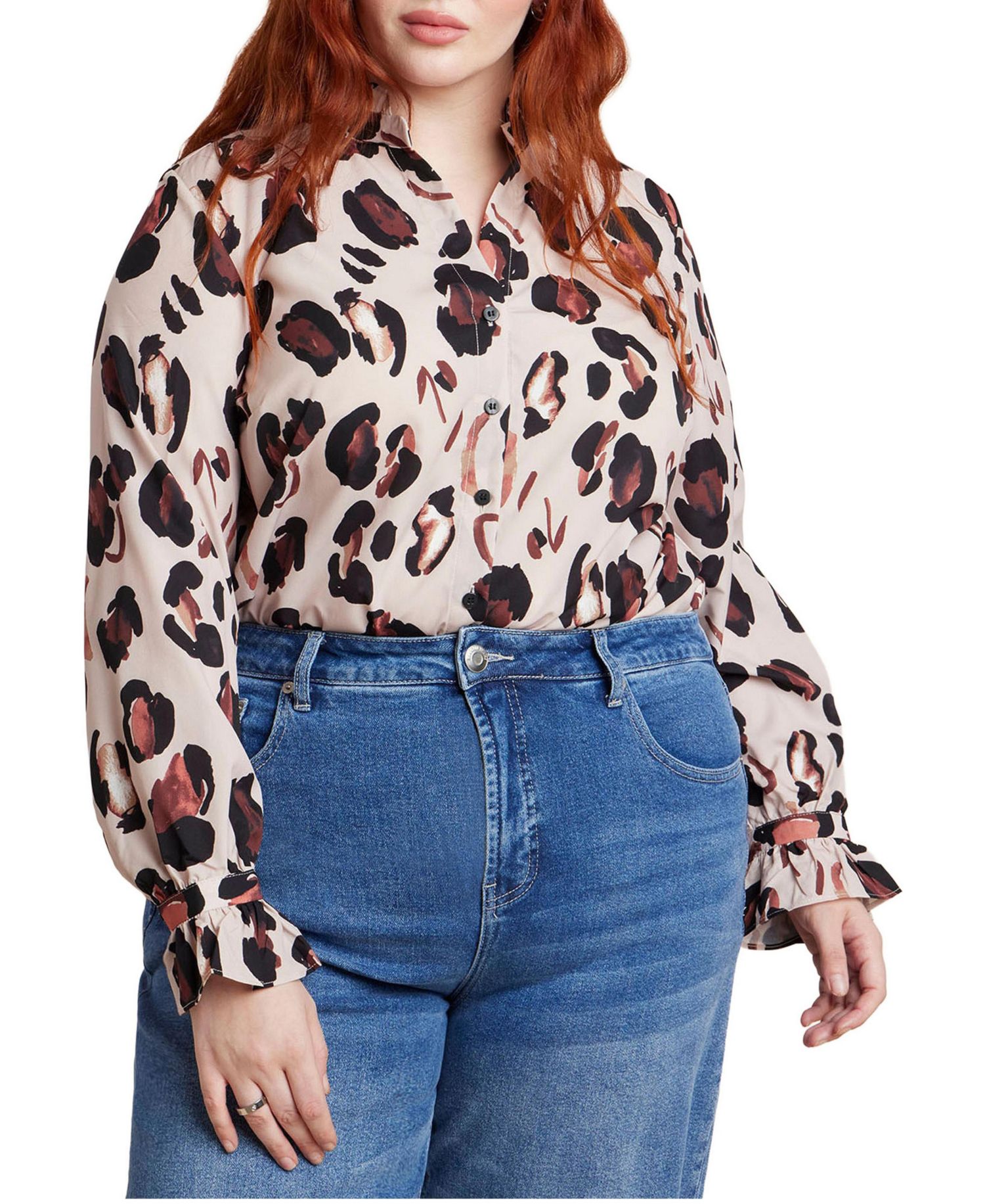 Women's Printed Button Down Shirt With Ruffle Neck