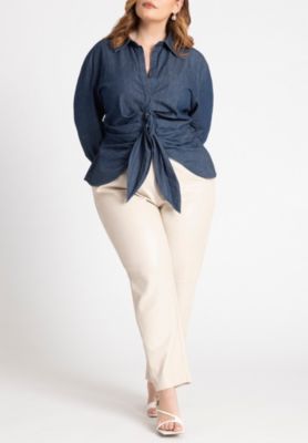 Women's Plus Size Tie Front Collared Blouse