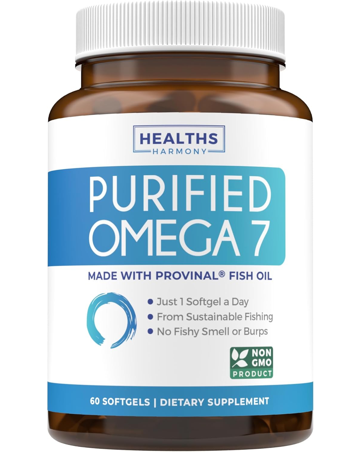 Purified Omega 7 Softgel Capsules, Provinal Sustainable Peruvian Anchovy Fish Oil Supplement, Health's Harmony, 60ct - Black