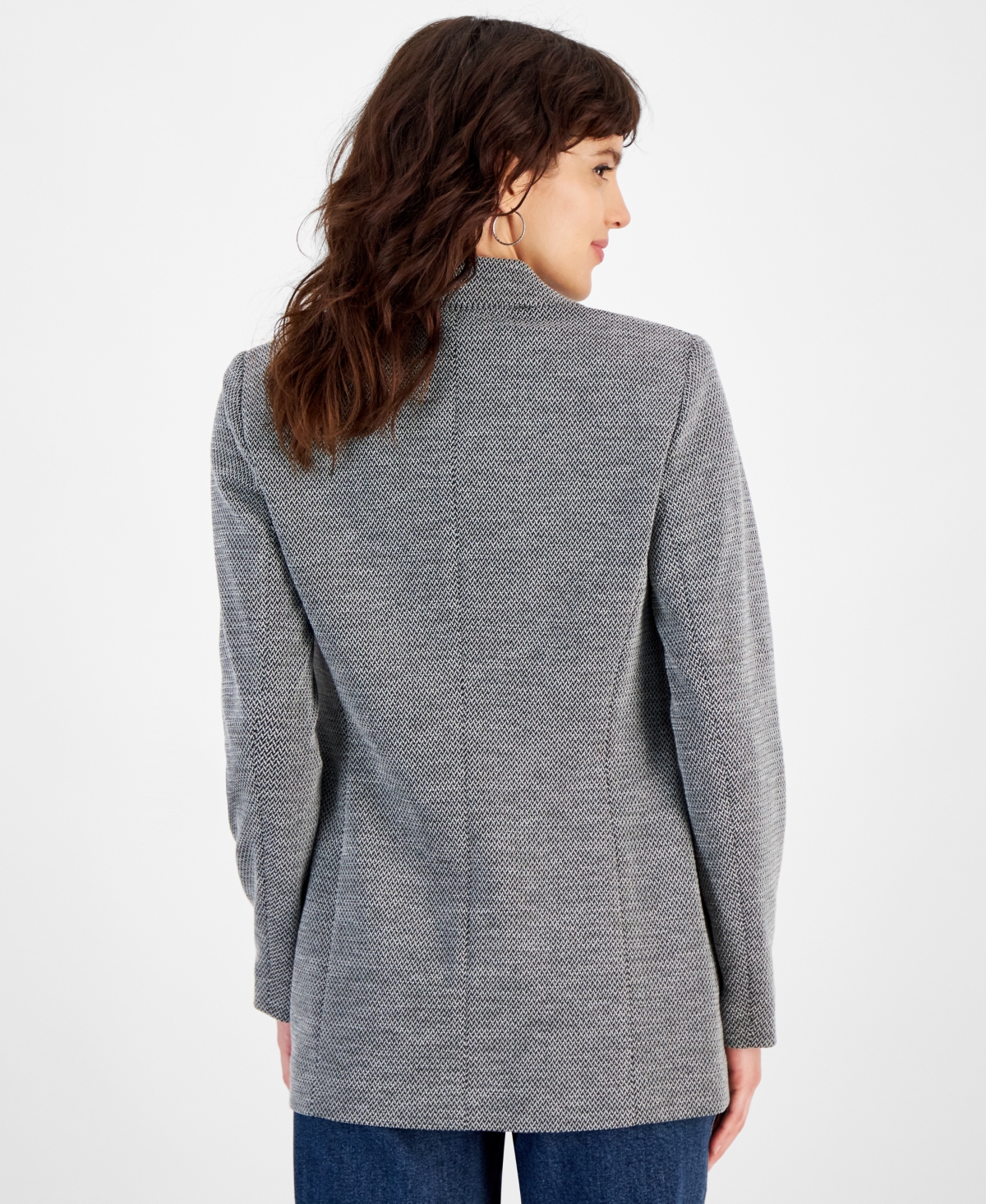 Bar Iii Women's Herringbone Open-Front Faux-Button Blazer, Created for Macy's -White Multi