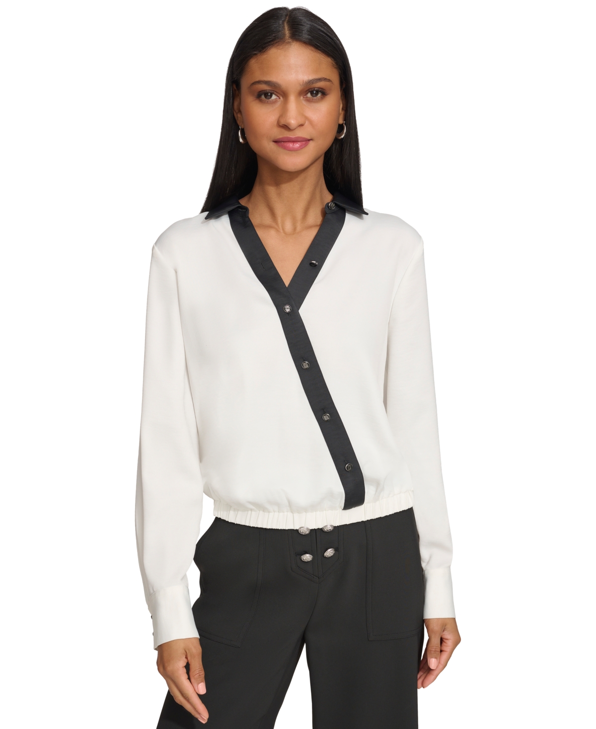 Karl Lagerfeld Paris Women's Faux-Wrap Top - Soft White  Black