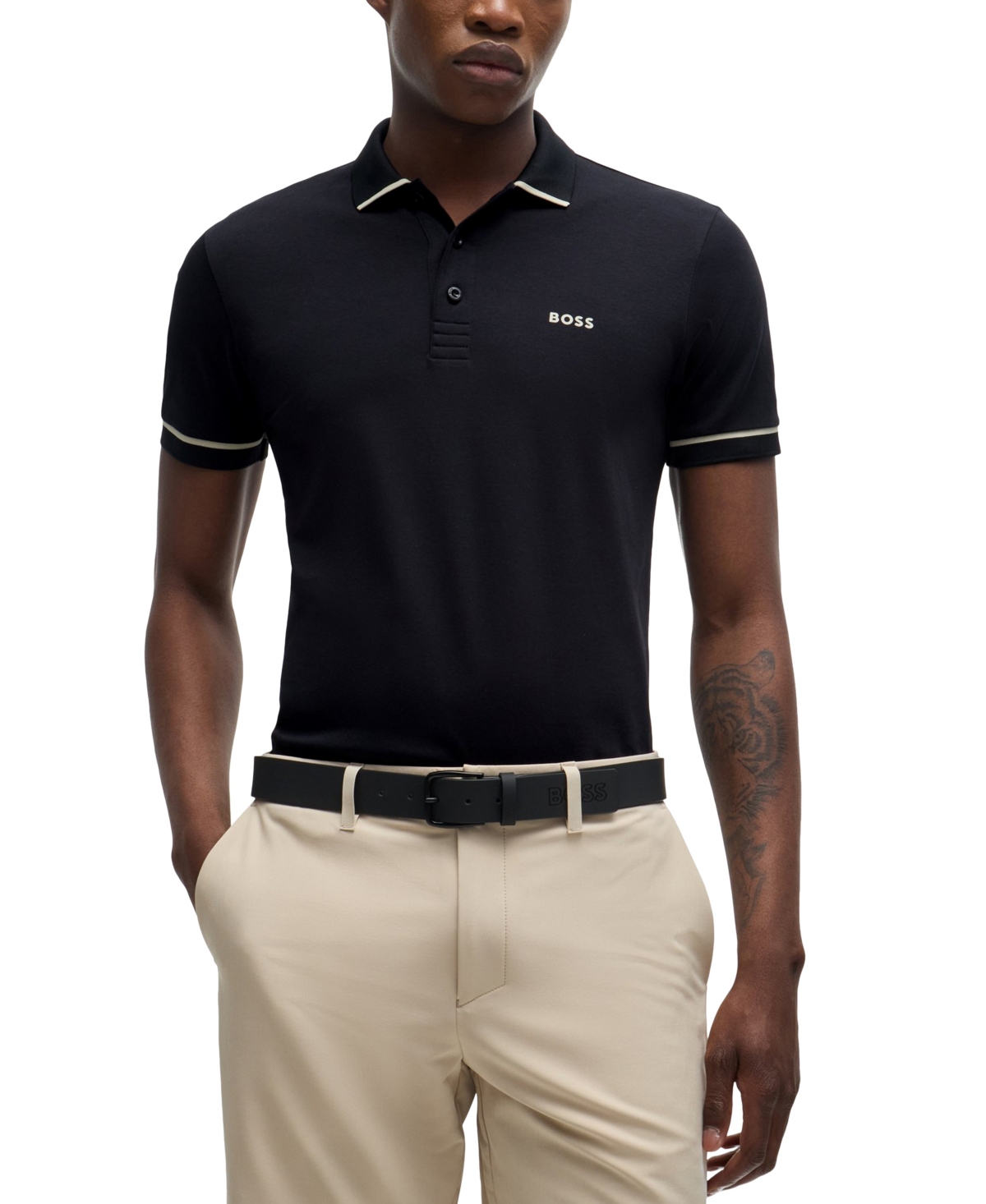 Hugo Boss Paule 4 Mens Tipped Collar Polo Shirt Nos In Black