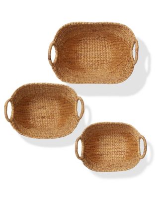 Set of 3 Boat Baskets with Handles - Natural, Woven Water Hyacinth Storage Organizers for Blankets, Laundry, Bathroom, Bedroom, Living Room