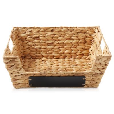 (Set of 2) Water Hyacinth Pantry Baskets with Handles and Chalkboard Labels - Espresso, Wide Woven Storage Baskets for Kitchen Shelves