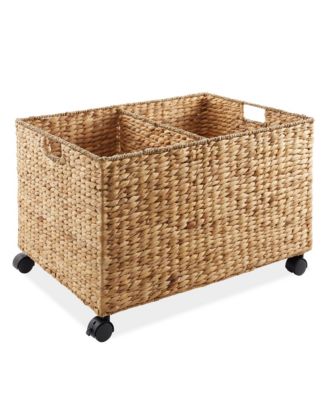 Rolling Storage Basket Cart with Lid and Wheels, Natural - Woven Water Hyacinth Divided Sorting Bin for Kitchen, Pantry, Laundry, Garage
