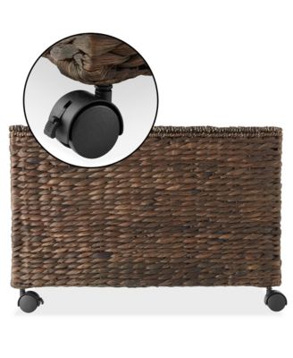 Rolling Storage Basket Cart with Lid and Wheels, Natural - Woven Water Hyacinth Divided Sorting Bin for Kitchen, Pantry, Laundry, Garage