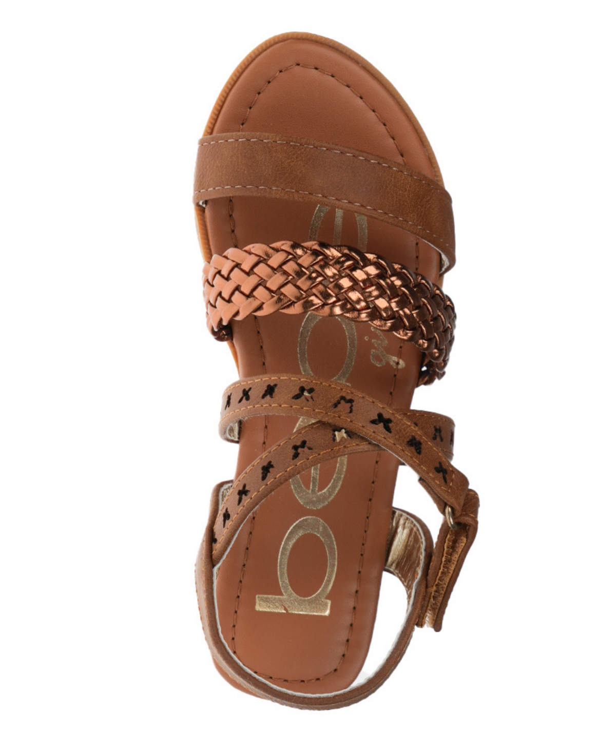 Bebe Big Girl's Stack Heel Sandal With Metallic Weaved Strap And Butterfly Chop Out Polyurethane Sandals In Brown