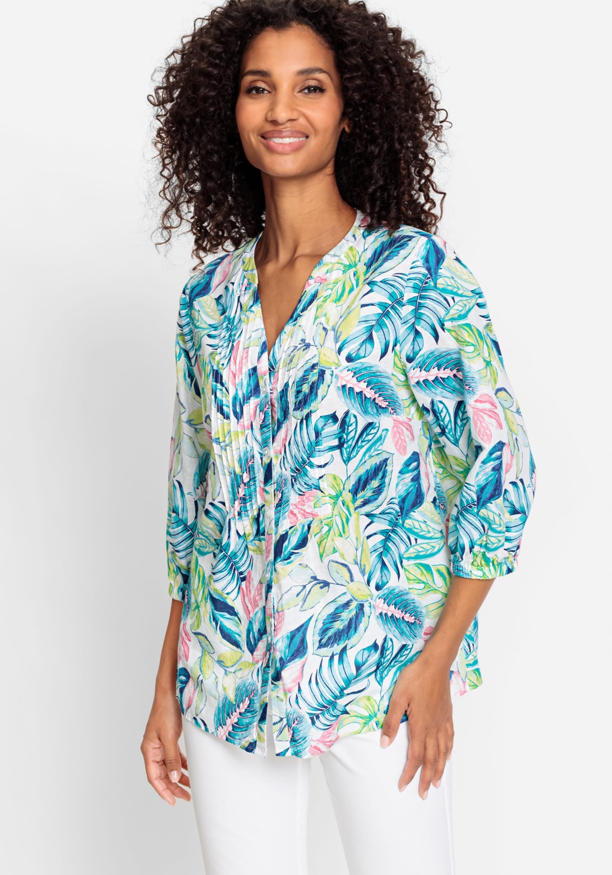 Women's Cotton Linen 3/4 Tropic Print Tunic Shirt - Light turquoise