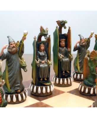 Handpainted Dragon Chess Set, Walnut Root Board 21 in, 4.5 in King