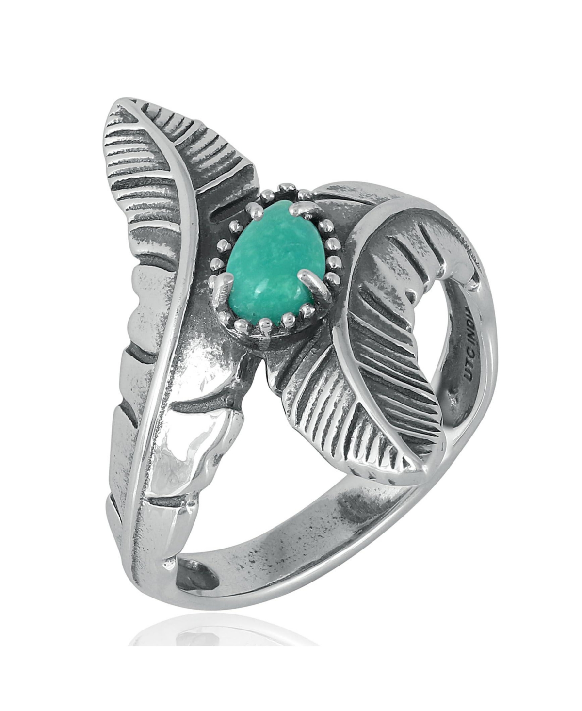 Southwestern Double Feather Ring-Sterling Silver Band with Turquoise Gemstone, Size 5 - 7 - Green turquoise