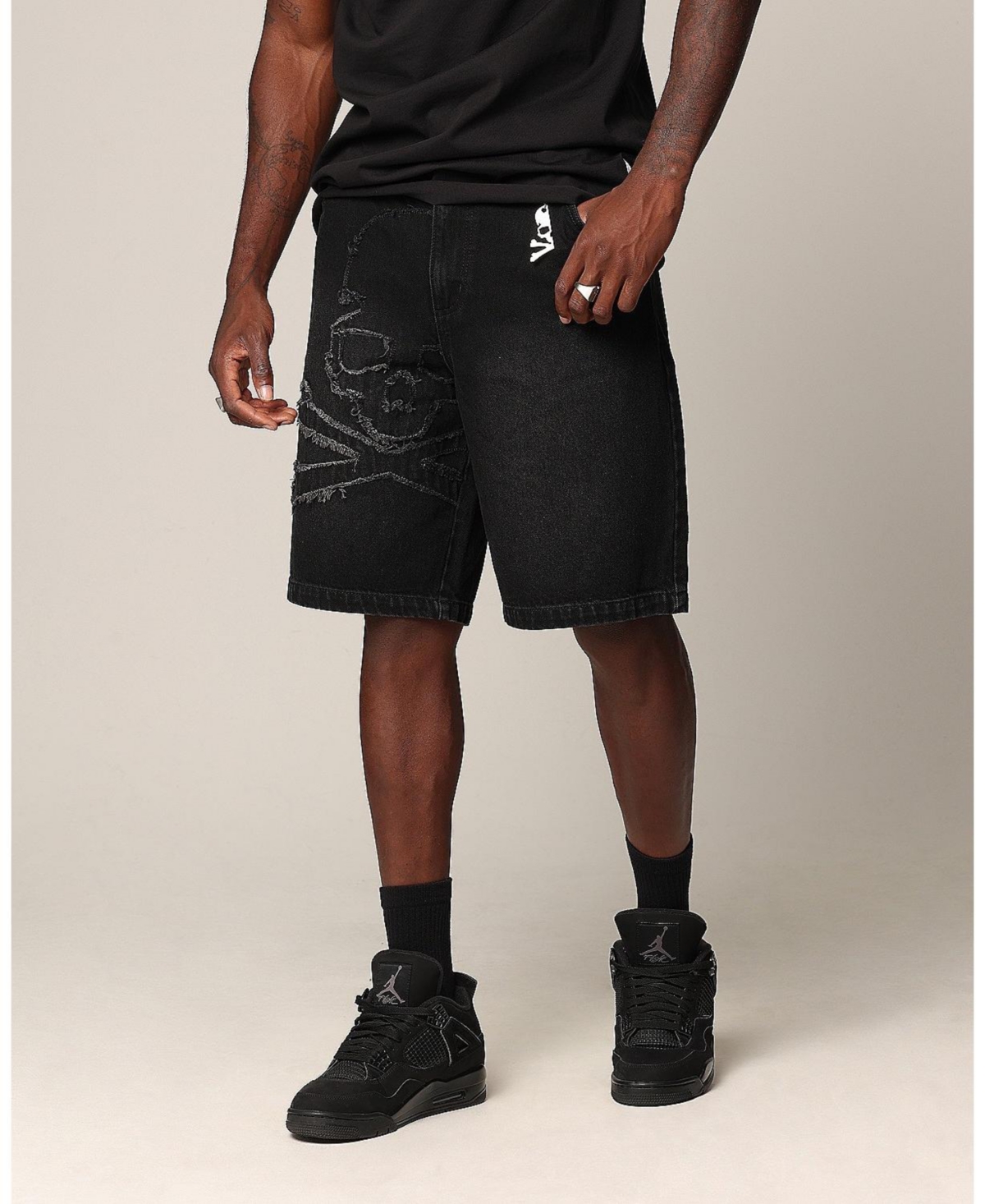 Men's Half Skull Denim Shorts - Washed black