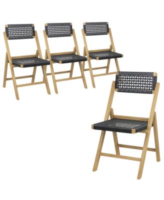 2 Piece Patio Folding Chairs with Woven Rope Seat & High Back Teak Wood for Porch