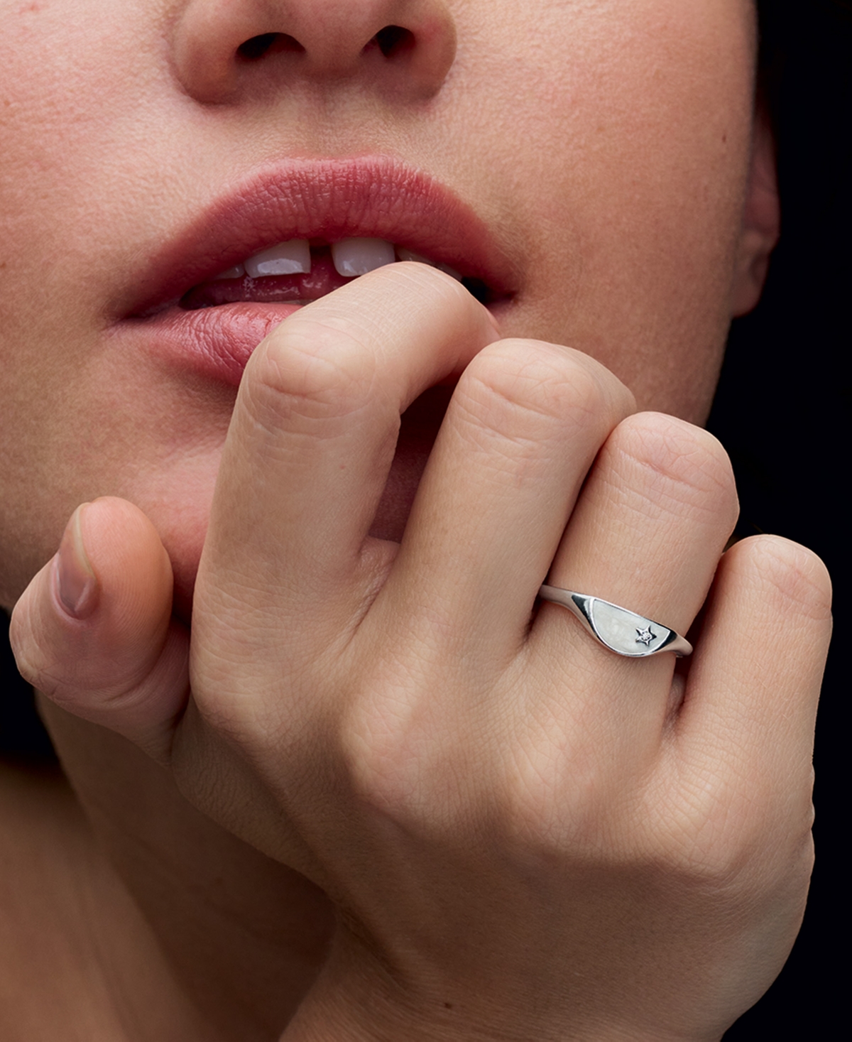 Pandora Halved Enamel Signet With Clear Cubic Zirconia Stones Ring In Silver